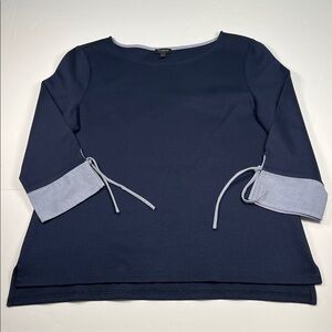 Talbots Stylish Navy Cotton Blend 3/4 Sleeves Pullover with Light Blue Cuffs SzL